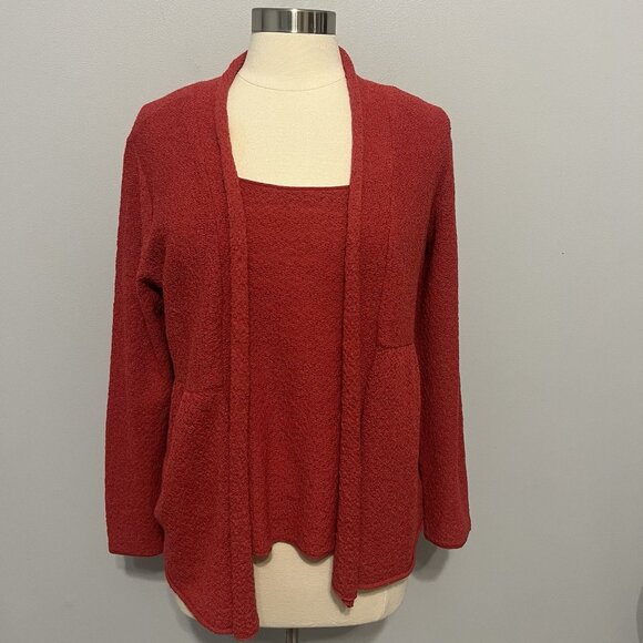 Eileen Fisher Sweater Cardigan & Tank Set Wool Red Size PL Textured Open Front - Picture 2 of 12